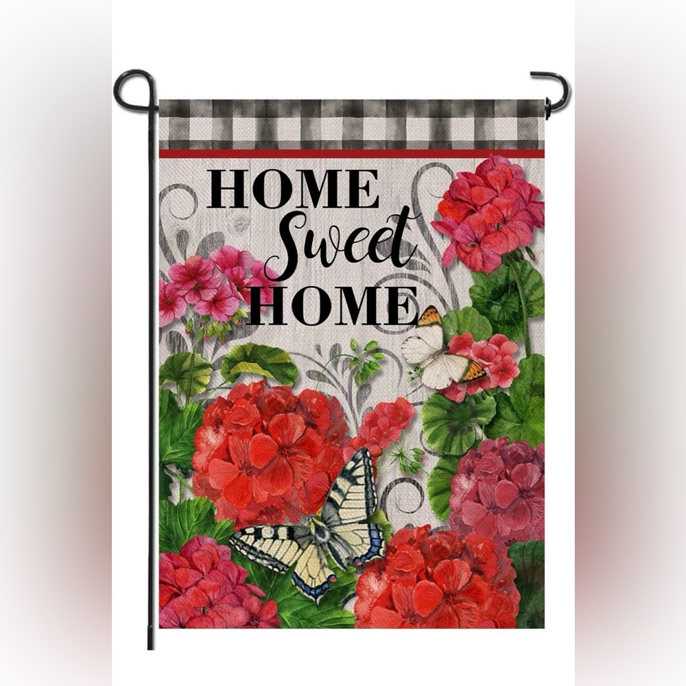 Home Sweet Home Garden Flag - Red Geraniums Buttefly Buffalo Check Summer
